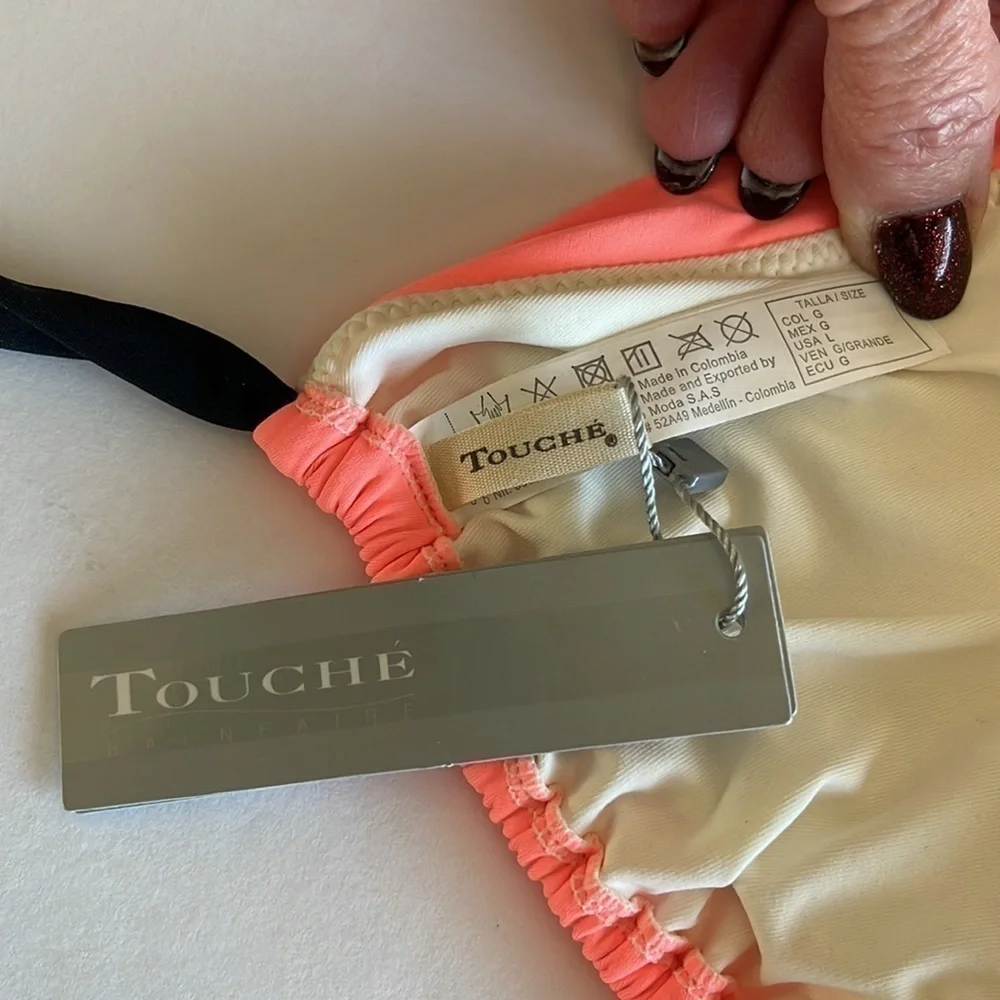 NWT Touché Balneaire Neon Orange And Black Halter/Shoulder Strap Bikini Top